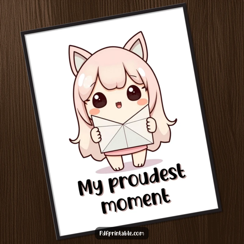 Funny Poster: Surprised Kawaii character proudly displays a completed paper craft. Hilarious wall art and funny gift.