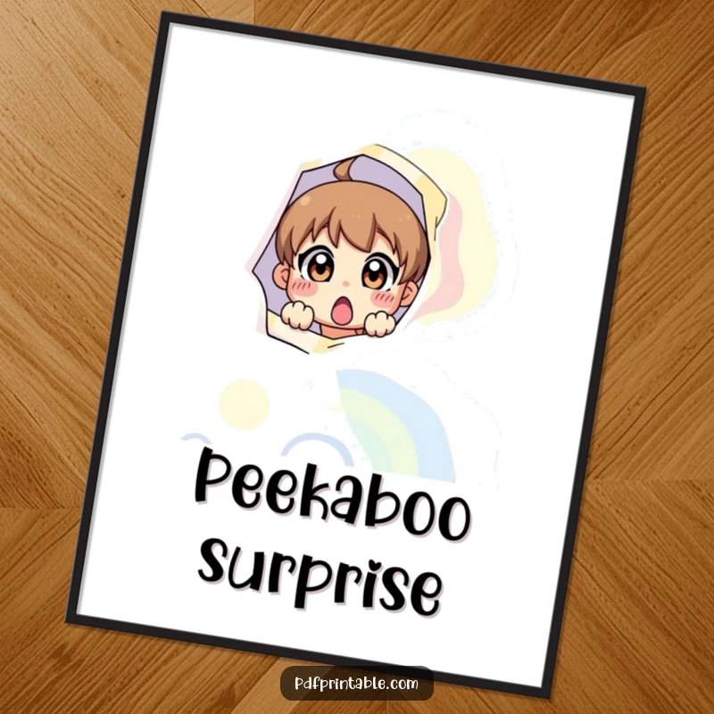 Funny poster of a surprised character peeking from a giant, colorful printable page, adding playful intrigue.