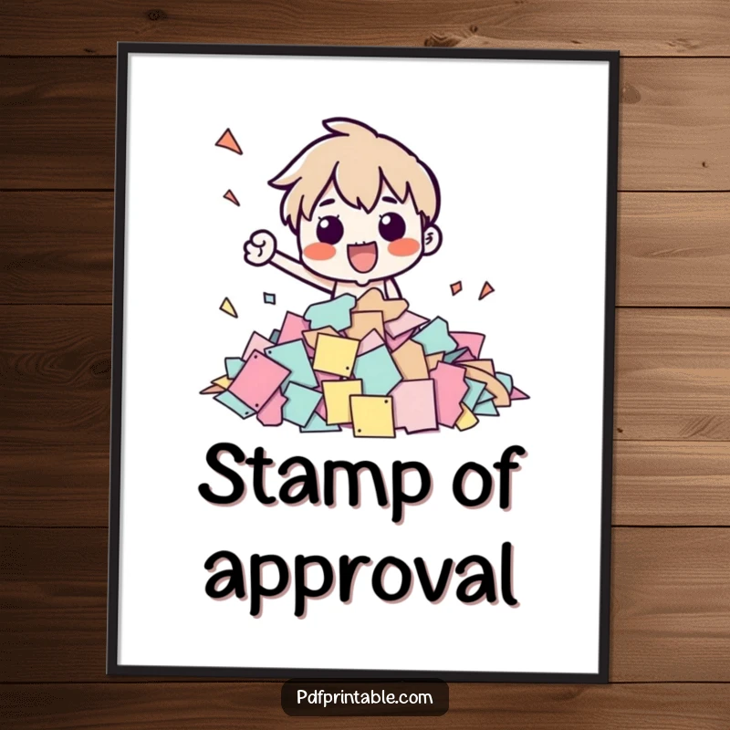 Funny poster of a character stamping many paper shapes, a humorous office art piece to brighten any room and inspire.