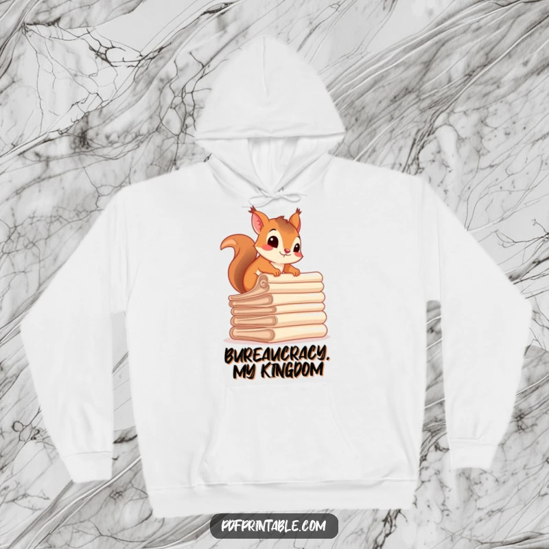 Funny squirrel character determinedly climbing a large stack of rolled scrolls, suggesting effort and humor on a cozy hoodie.
