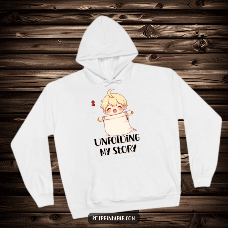 Funny Scroll Unrolling Hoodie with a cute character joyfully unrolling a long scroll, offering comfort and creative joy.