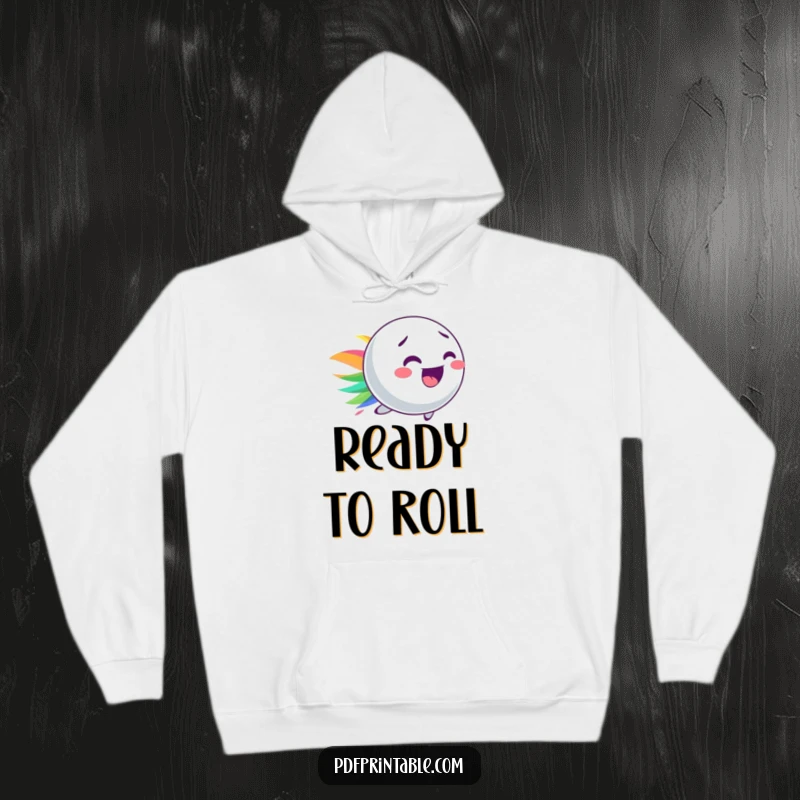 Funny hoodie showcasing a playful bouncy ball character leaving a vibrant, colorful streak, designed for ultimate comfort.