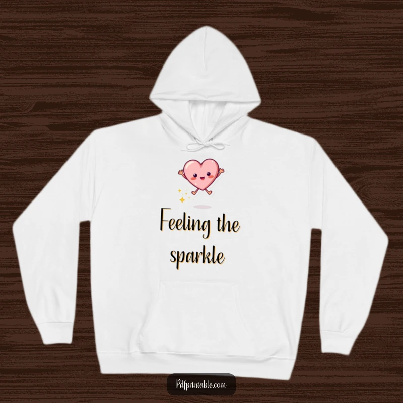 Funny hoodie with a joyful jumping heart character leaving a glittery trail of sparkles, designed for ultimate comfort.