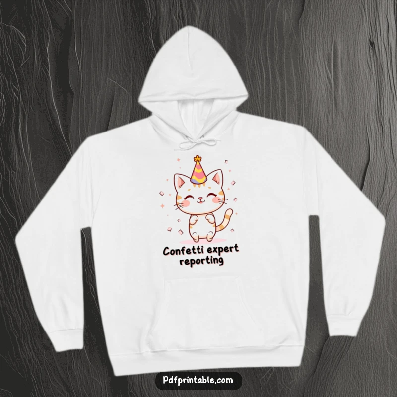 Funny kawaii cat in a party hat showering confetti, creating a festive and happy vibe on this warm and snuggly hoodie.