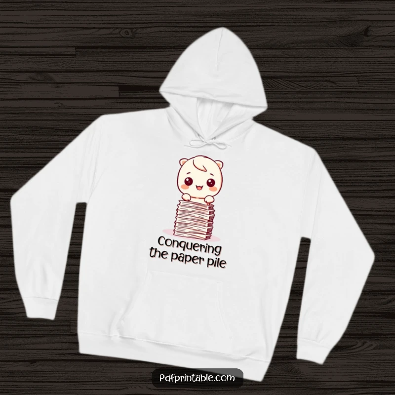 Funny Kawaii character happily stamping papers into a neat stack, depicted on a cozy hoodie for organizers.