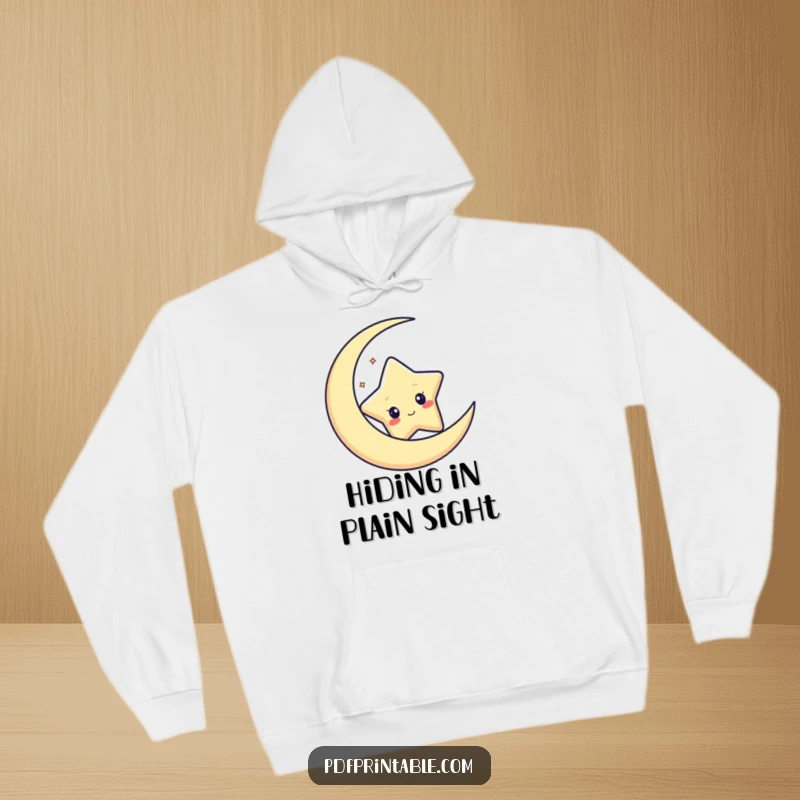 Funny hoodie showcasing a curious star character peeking from behind a crescent moon, offering celestial comfort.