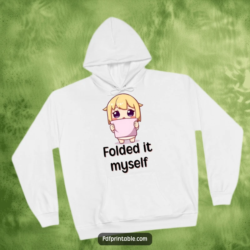 Funny Folded Shape Hoodie featuring a character with a surprised expression holding up a perfectly folded shape, offering cozy amazement.