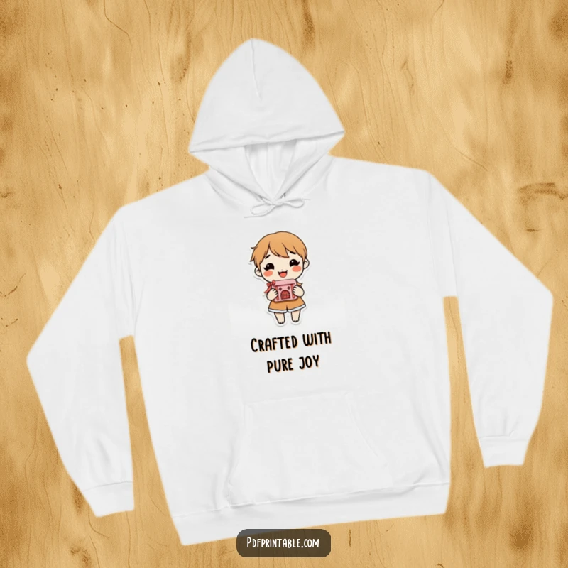 Funny Hoodie featuring a smiling character proudly displaying a finely detailed, intricate paper craft, symbolizing artistic success.