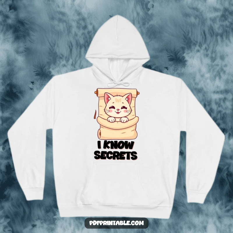 Funny Cat Scroll Hoodie featuring a smiling cat peeking out from a large, unrolled scroll, offering a cozy and humorous vibe.