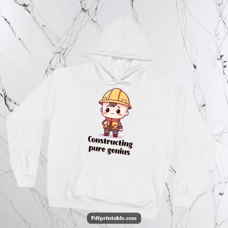 Funny hoodie with a character in a mini construction hat building with printable shapes, ideal for crafters and builders.