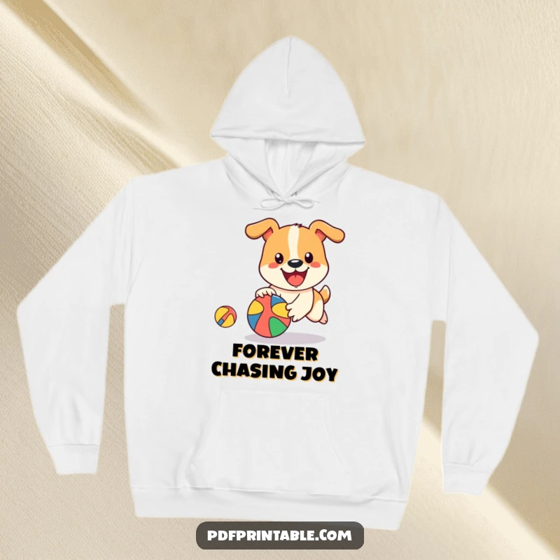 Funny Dog Ball Hoodie featuring a happy dog character joyfully chasing a bouncing, colorful ball, perfect for staying warm and cheerful.
