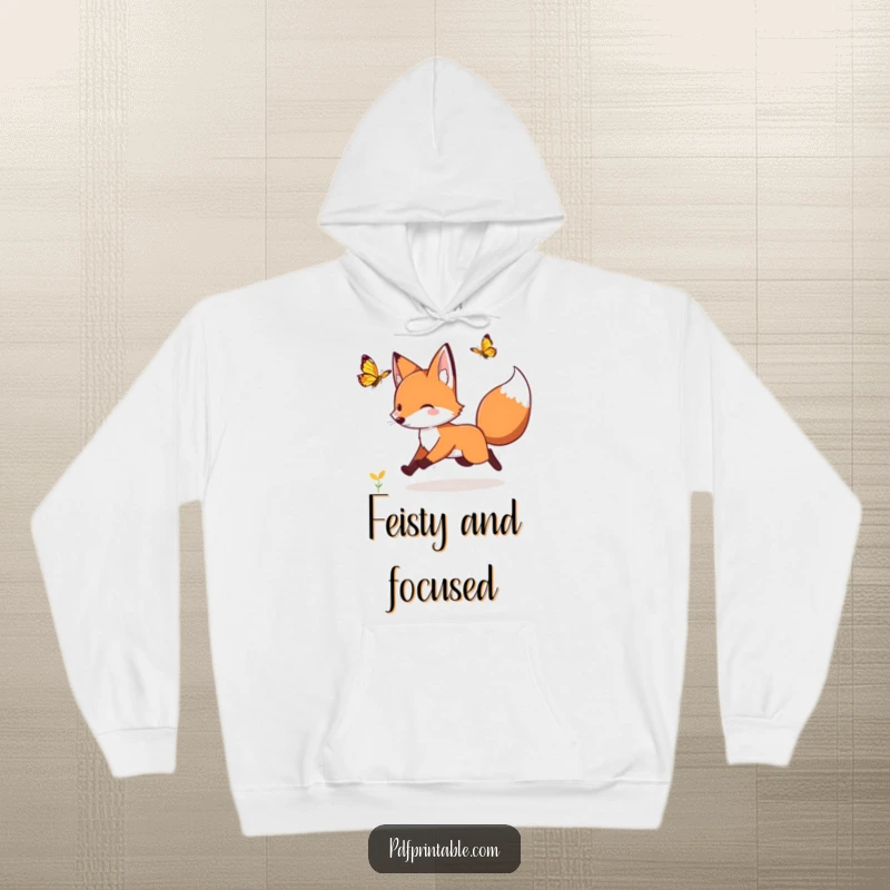 Funny playful fox chasing a fluttering butterfly, depicted on a cozy hoodie for whimsical, comfortable wear.