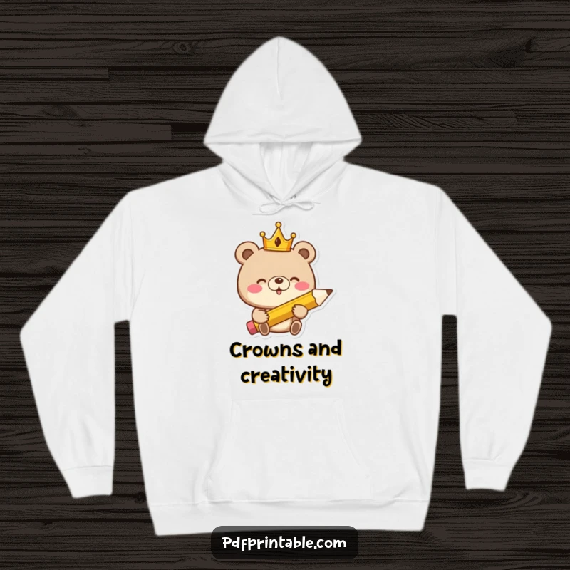 Funny Hoodie: A giggling bear king in a crown holds a giant pencil, radiating cozy humor and creative power.