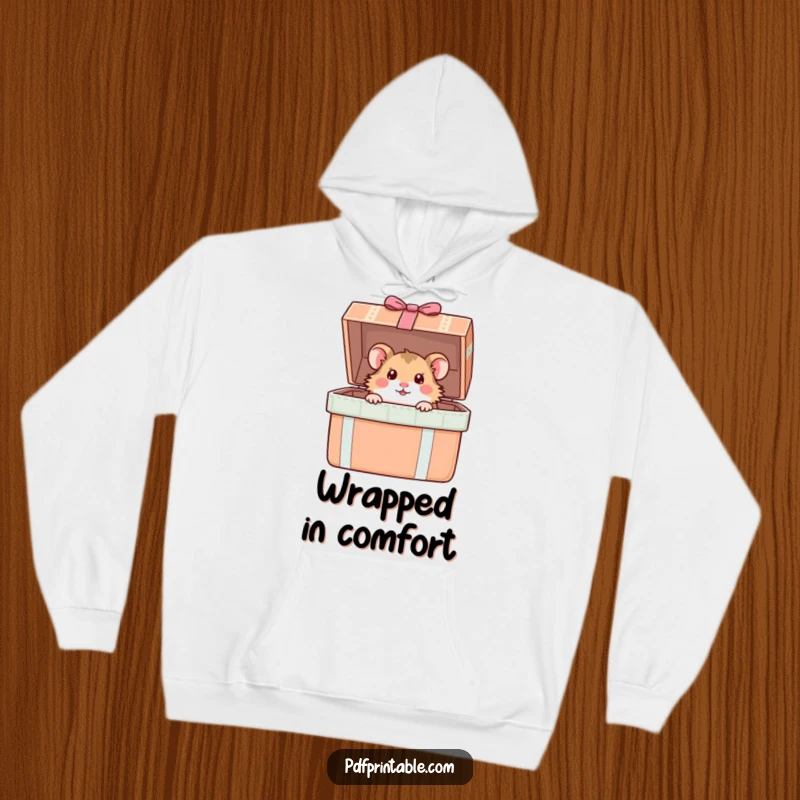 Funny Hamster Hoodie: A curious hamster peeks from a giant gift box, bringing humorous warmth and a sense of delightful discovery.