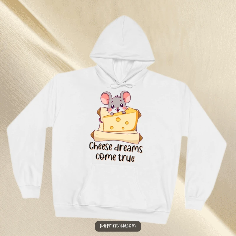 Funny Mouse Cheese Hoodie featuring a surprised mouse character finding a giant piece of cheese on a scroll, perfect for cozy and humorous wear.