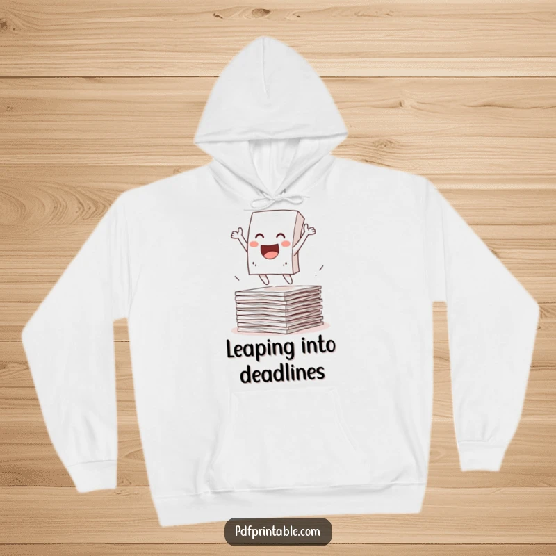 Funny Hoodie depicting an excited paper character leaping energetically from a pile of papers. Warm apparel for a humorous escape.