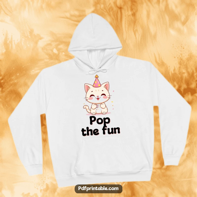 Funny cat character wearing a party hat, celebrating with a confetti popper, designed for cozy and humorous wear.