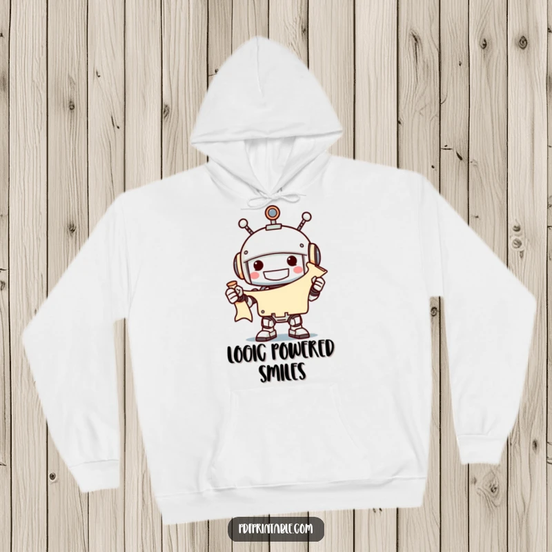 Funny grinning robot holding an unfurled scroll with a smile, featured on a warm hoodie, perfect funny gift.