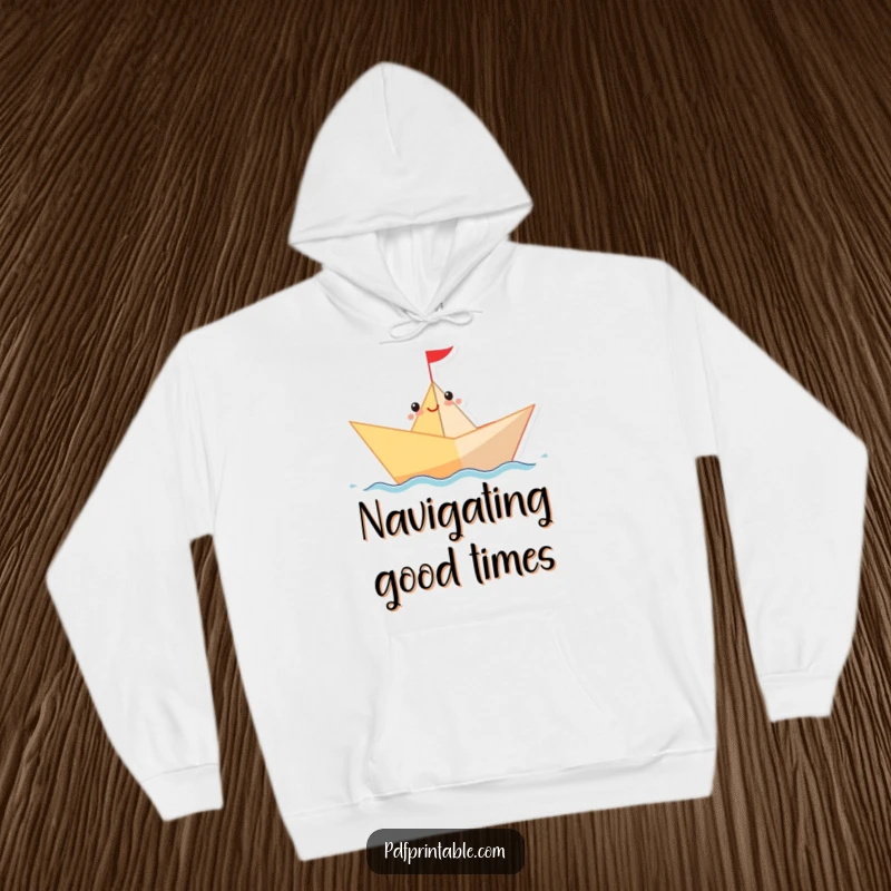 Funny Hoodie featuring a cheerful paper boat sailing across a wavy line, perfect for cozy, imaginative journeys.