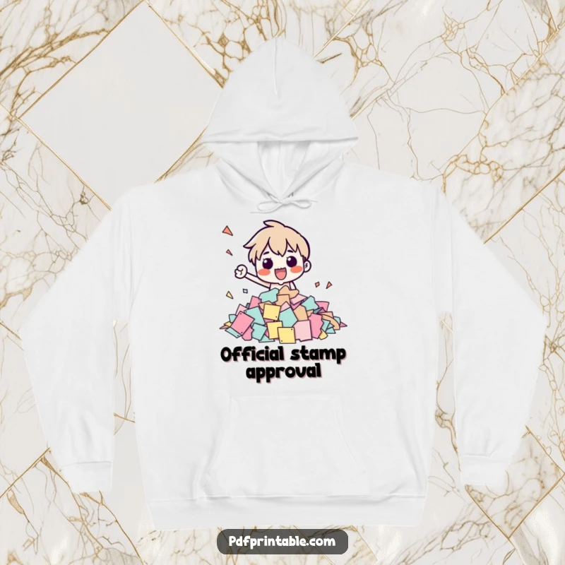 Funny hoodie showing a character enthusiastically stamping stacks of paper, expressing a funny and driven personality for a great gift.
