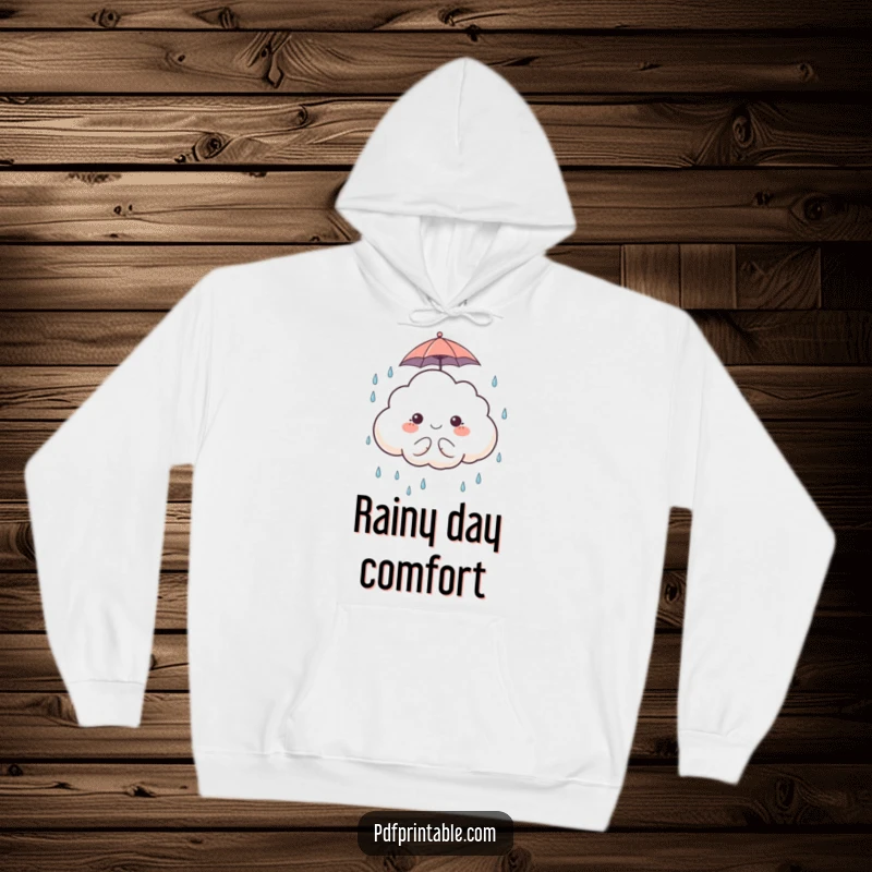 Funny Hoodie: A comfortable hoodie with a cute cloud character holding an umbrella and catching raindrops, perfect for cozy days.