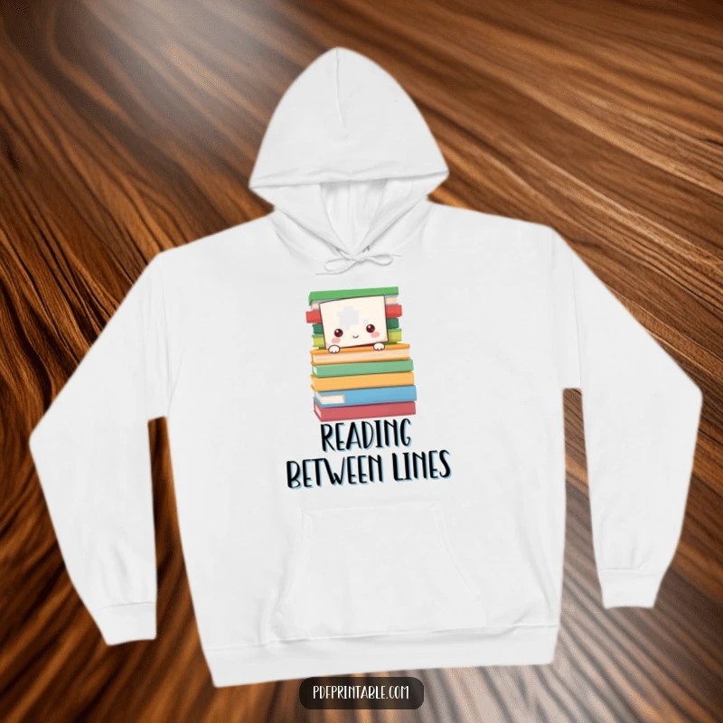 Funny Hoodie showing a paper character peeking from behind a stack of colorful pages, embodying the joy of reading and discovery.