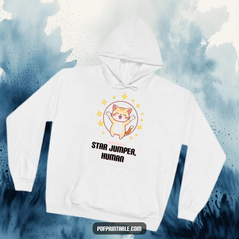 Funny cat jumping through a sparkling star hoop, depicted on a cozy hoodie for magical, comfortable wear.