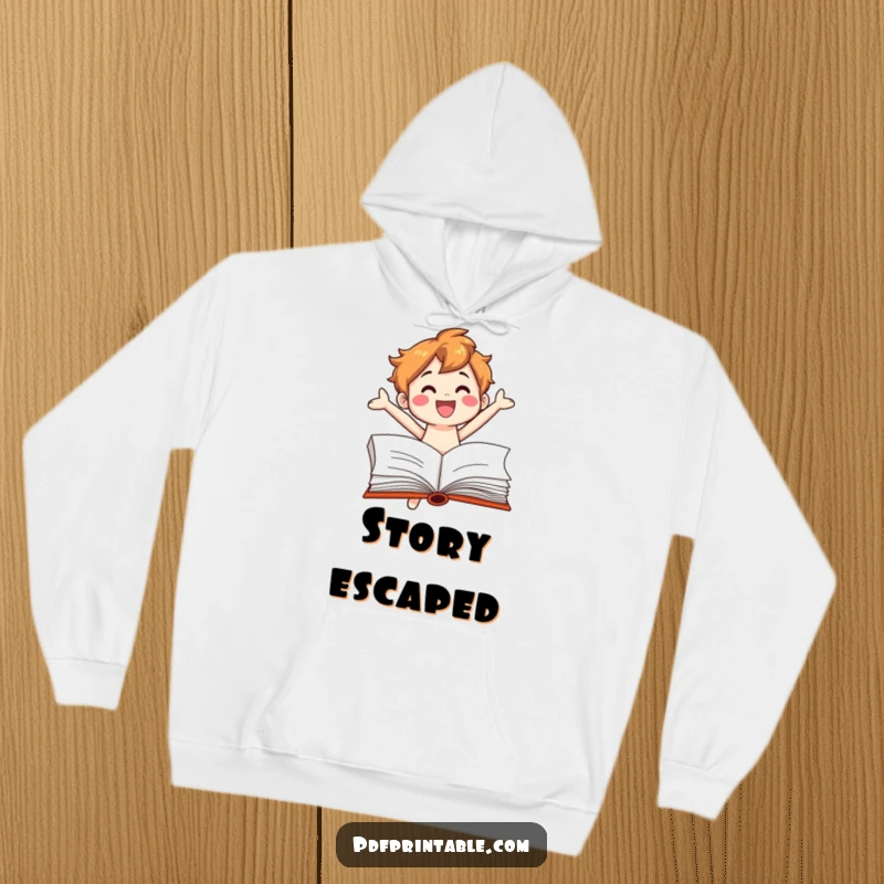 Funny Hoodie: Adorable book character leaping energetically from an open book page, radiating happiness and a love for stories.