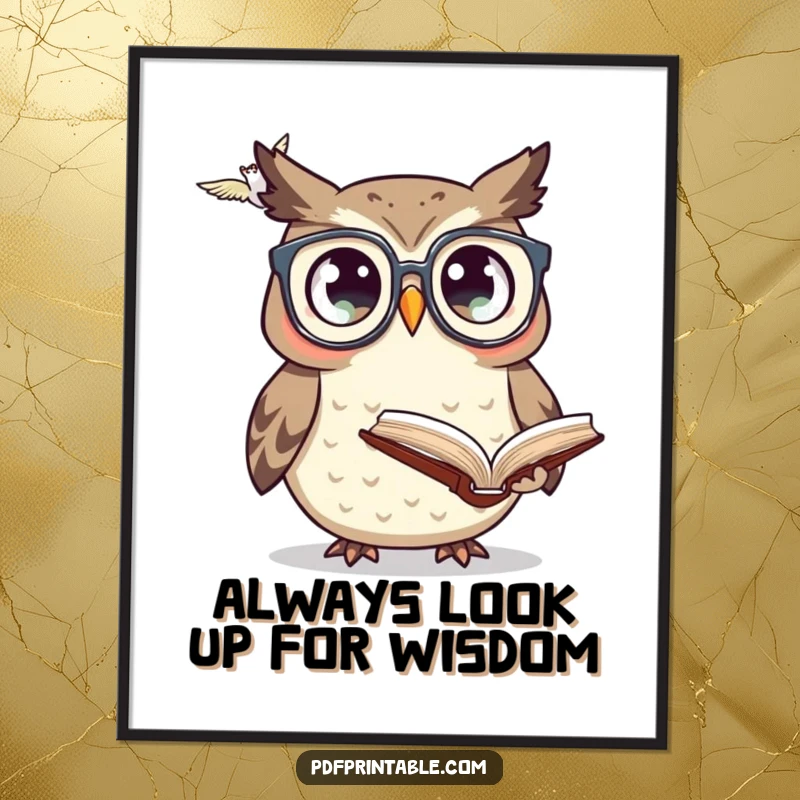 Funny Free Printable wall art: a surprised owl in tiny glasses curiously watches a book fly by, creating a humorous and intellectual scene.