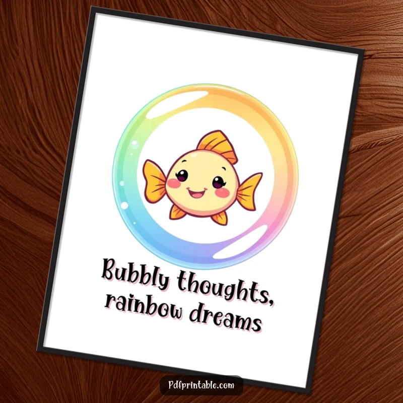 Funny Free Printable Wall Art: A smiling fish swims through a mesmerizing rainbow bubble, bringing vibrant underwater vibes.