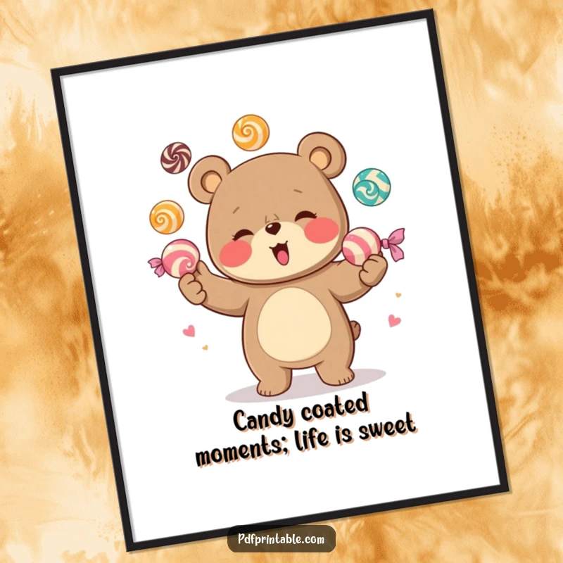 Funny Free Printable Wall Art: Giggling bear character excitedly juggles oversized, colorful candies with glee.