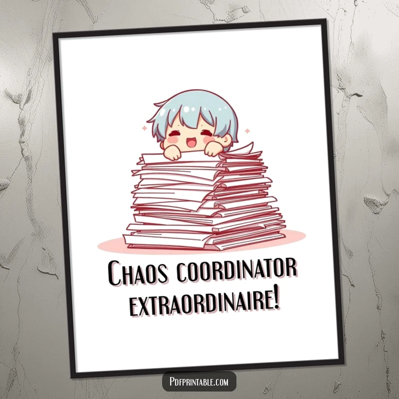 Funny Free Printable Wall Art: Character comically buried under an enormous stack of papers, creating a humorous office scene.