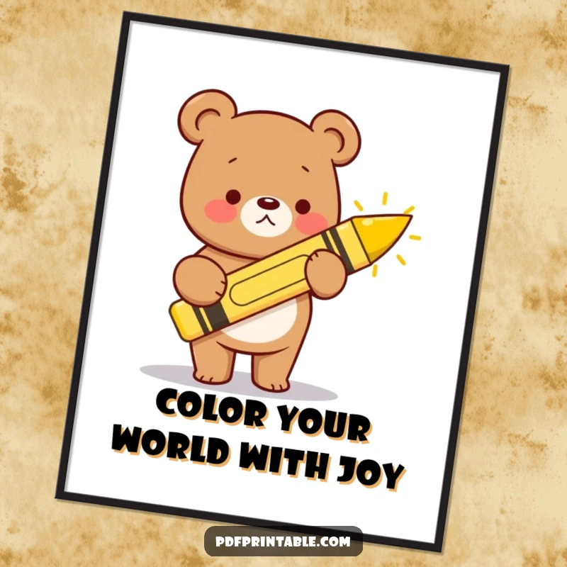 Funny Free Printable Wall Art: A kawaii bear happily wields a giant crayon, creating a beaming sun.