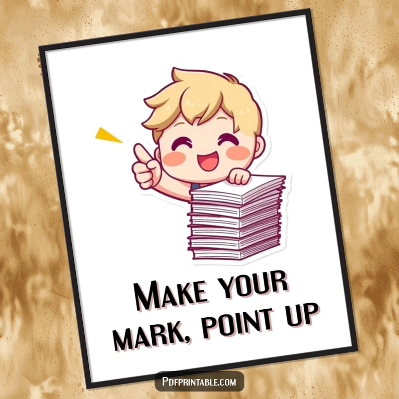 Funny Free Printable Wall Art: A smiling character points energetically at a stack of papers, a humorous and motivational downloadable piece.