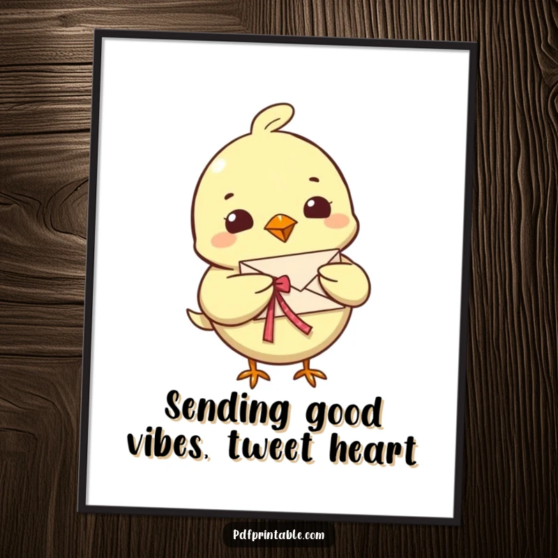 Funny Free Printable Wall Art of a cheerful bird delivering a tiny, ribbon-tied folded letter.