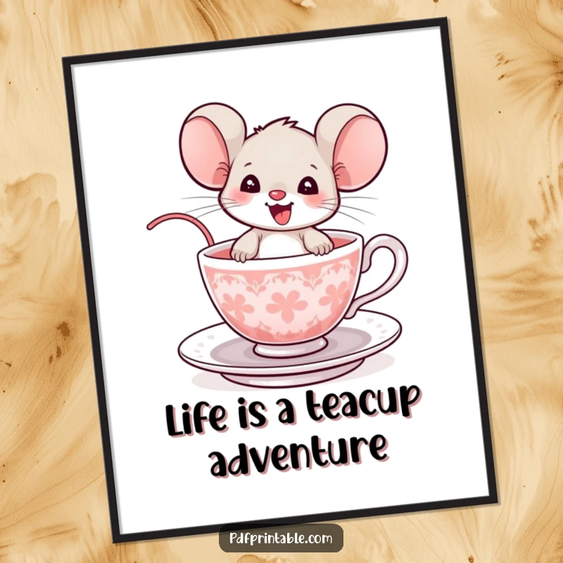 Funny Free Printable Wall Art: A delighted mouse enjoys a wild ride in a tiny teacup, bringing quirky charm to walls.