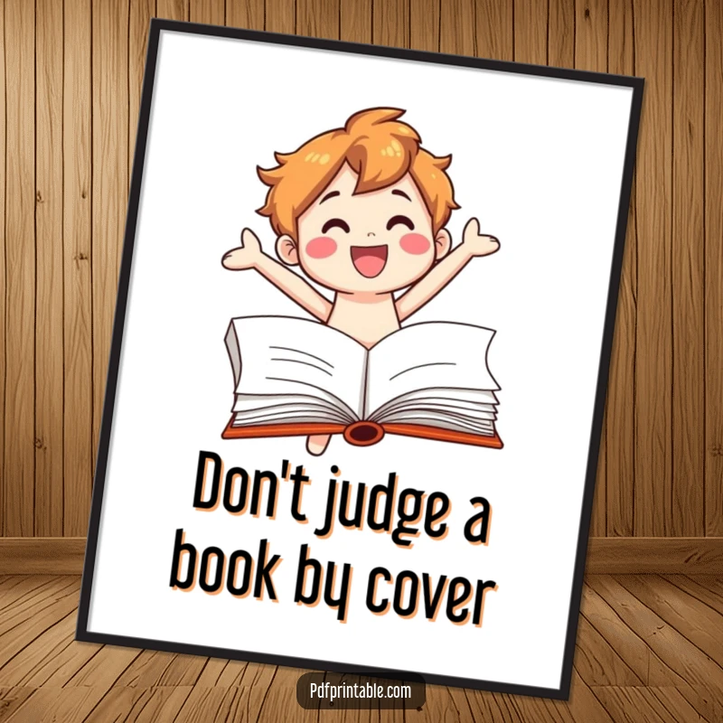 Funny Free Printable Wall Art: A smiling book character enthusiastically leaping from an open page. Whimsical downloadable decor.