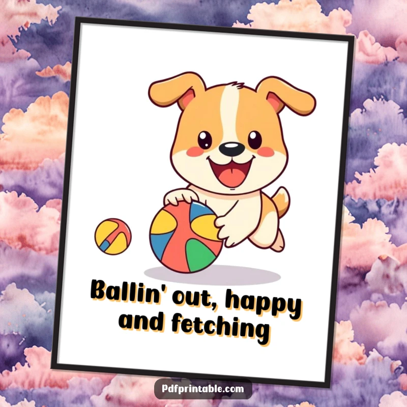 Funny Free Printable Wall Art of a happy dog gleefully chasing a colorful, bouncing ball.