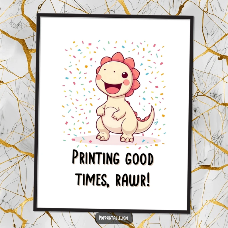 Funny Free Printable Wall Art: A kawaii dinosaur joyfully printing a massive cascade of colorful confetti, celebrating with fun.