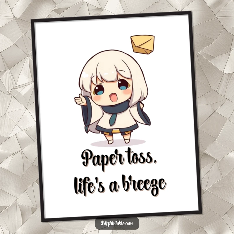 Funny Free Printable Wall Art: Character gleefully tossing a small folded paper object, captured mid-air with a smile.