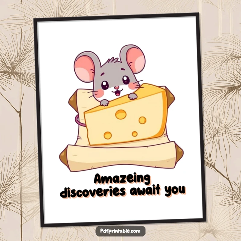 Funny Free Printable Wall Art of a surprised mouse staring at an enormous piece of cheese on a scroll.