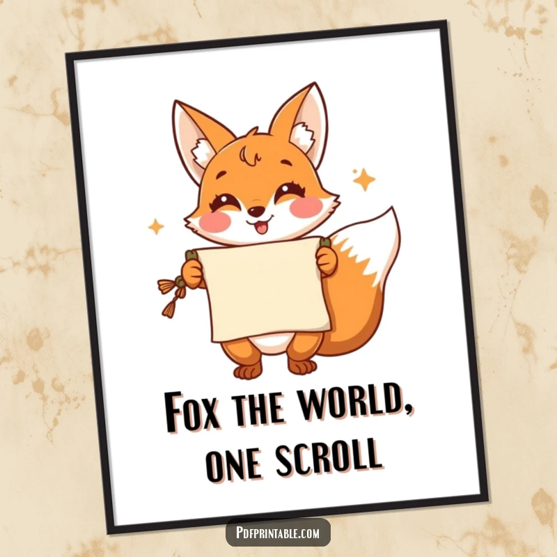 Funny Free Printable Wall Art: Cheerful fox character presenting a scroll with a dramatic, elegant flourish.
