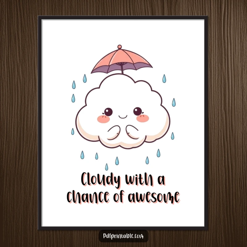 Funny Free Printable Wall Art: Cute cloud character with a tiny umbrella, happily catching raindrops, bringing whimsical charm to a room.