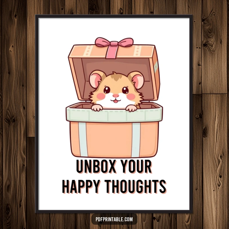 Funny Free Printable Wall Art: A curious hamster peeks playfully from inside a giant, opened gift box, adding charm.