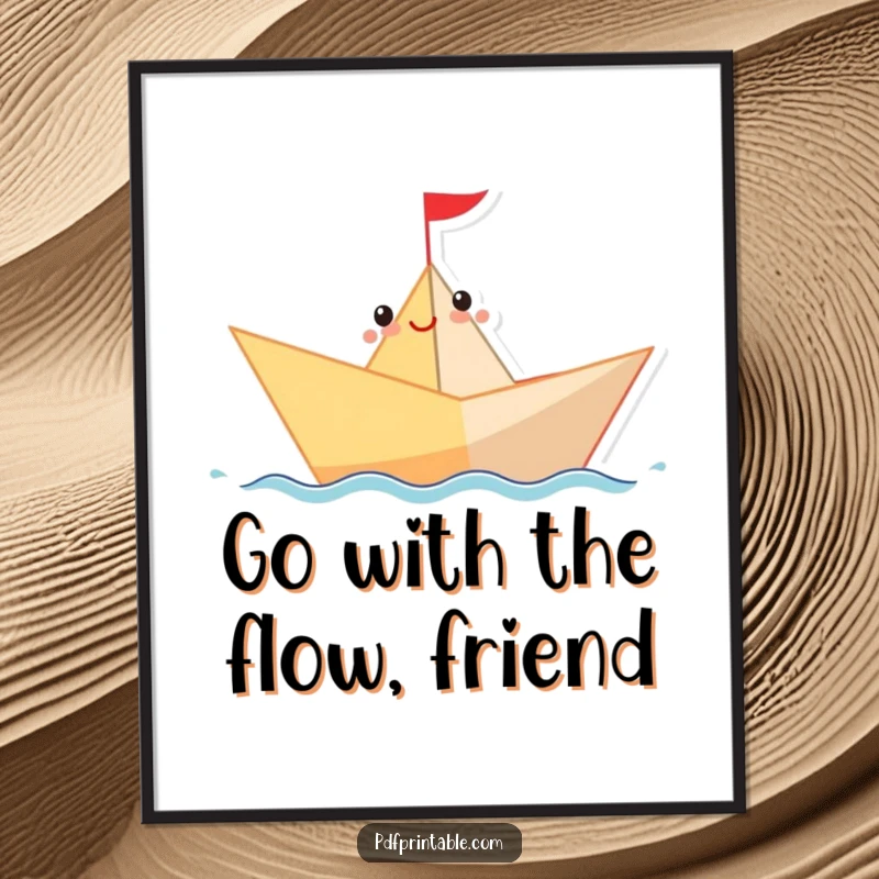 Funny Free Printable Wall Art: A happy paper boat character cheerfully sailing on a wavy blue line, bringing coastal vibes.