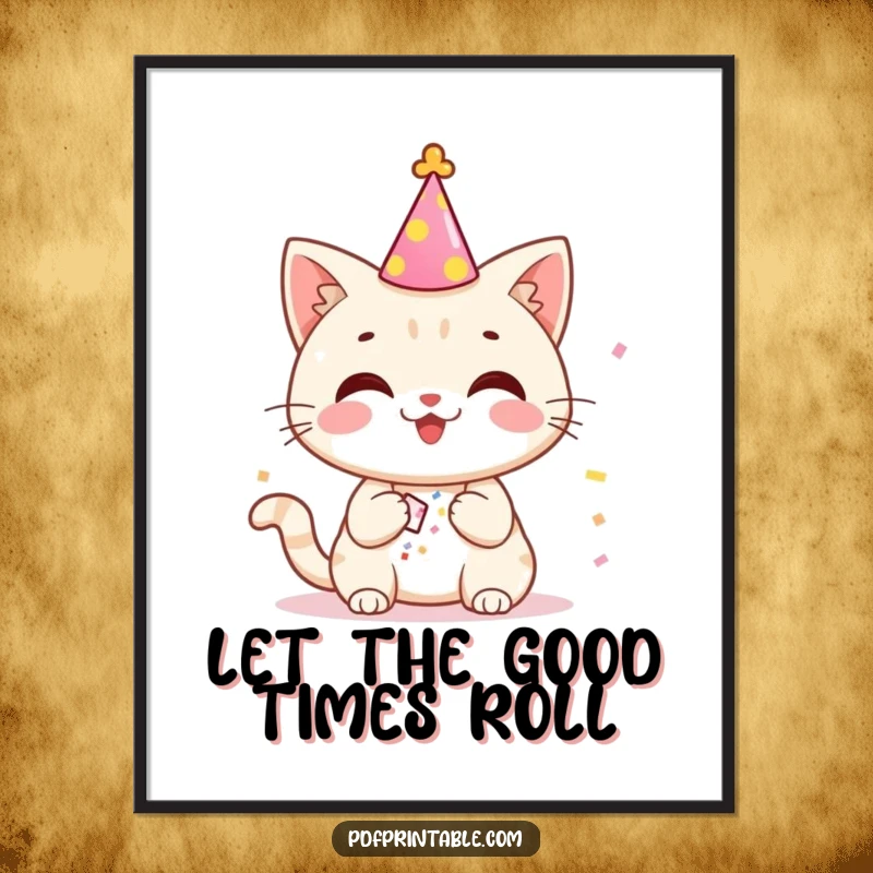 Funny Free Printable Wall Art: A joyful cat wearing a party hat, dropping a tiny confetti popper, creating a festive atmosphere.