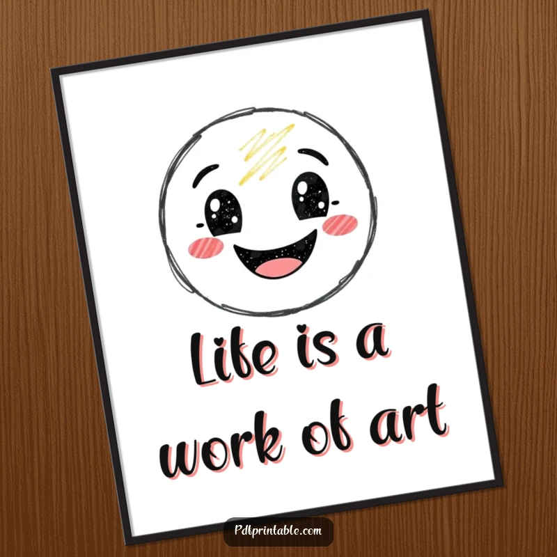 Funny Free Printable Wall Art: A cheerful crayon character drawing a massive, optimistic smile, adding artistic joy.