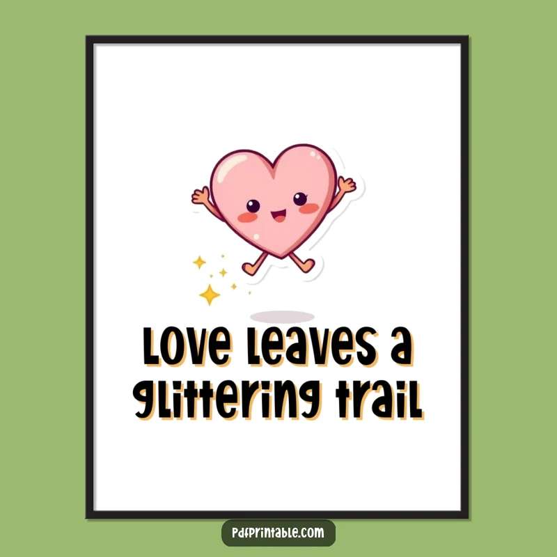 Funny Free Printable Wall Art: Jumping Heart with Sparkles, Downloadable Decor