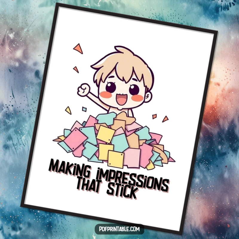 Funny Free Printable Wall Art featuring a character enthusiastically stamping papers with a wide, happy expression. Downloadable and DIY.