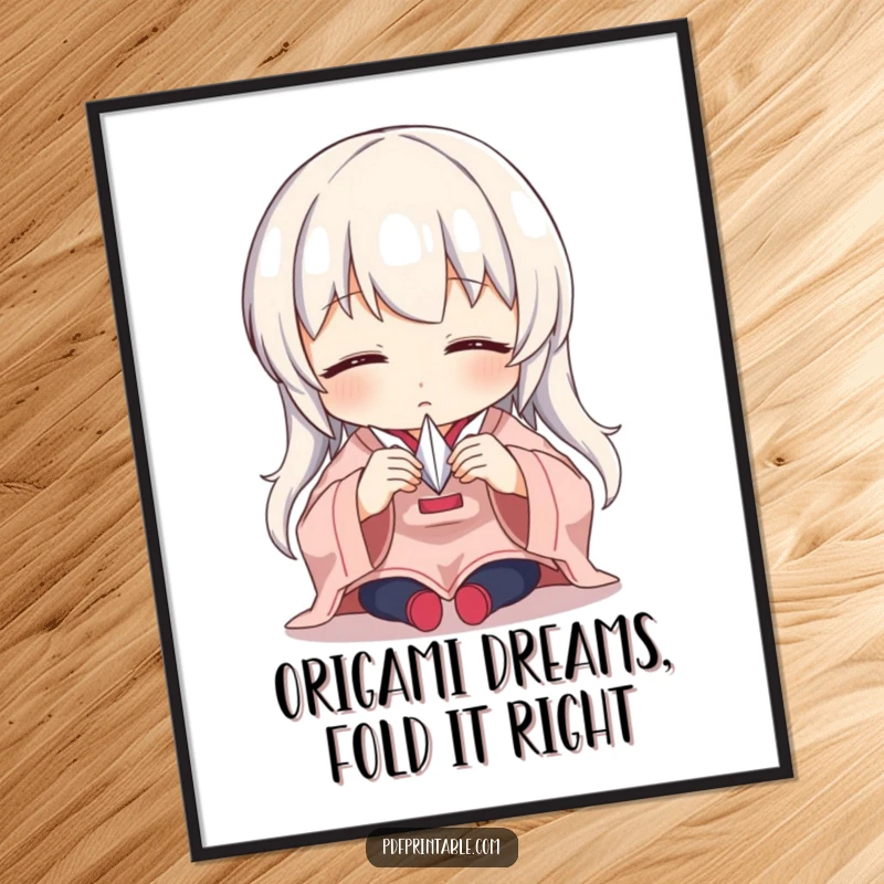 Funny Free Printable Wall Art: Character intensely focused on folding a tiny paper crane, a humorous piece for any room.